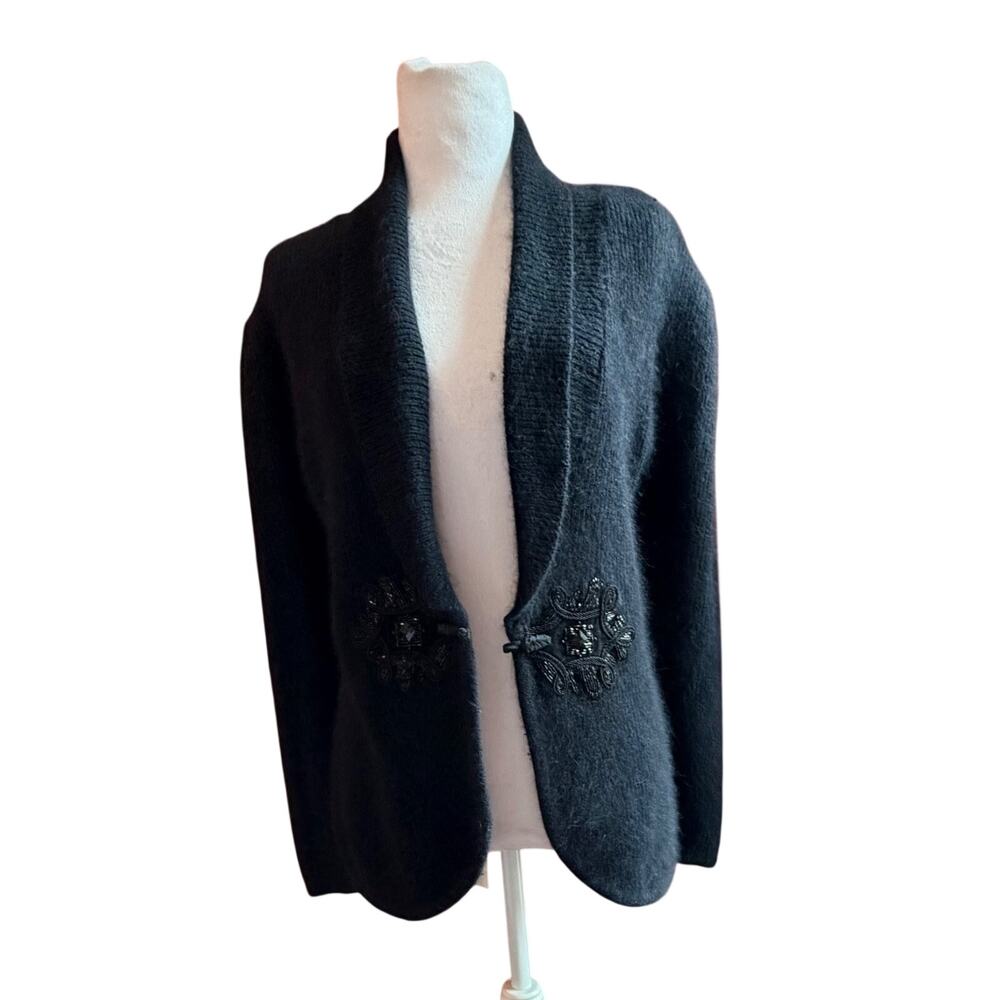 I B Diffusion Vintage Black Cardigan Silk Angora Ornate beaded closure Old Money